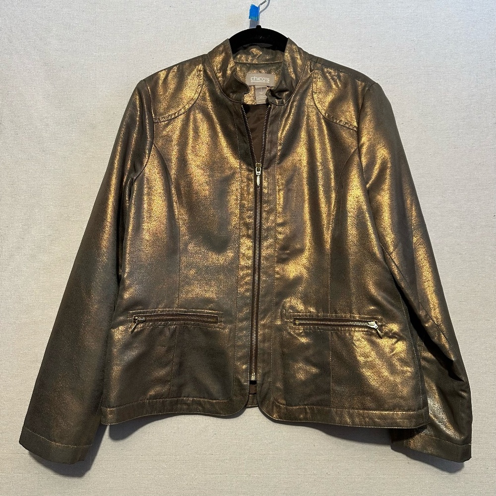 Chico's Metallic Bronze Zip-Front Blazer Jacket